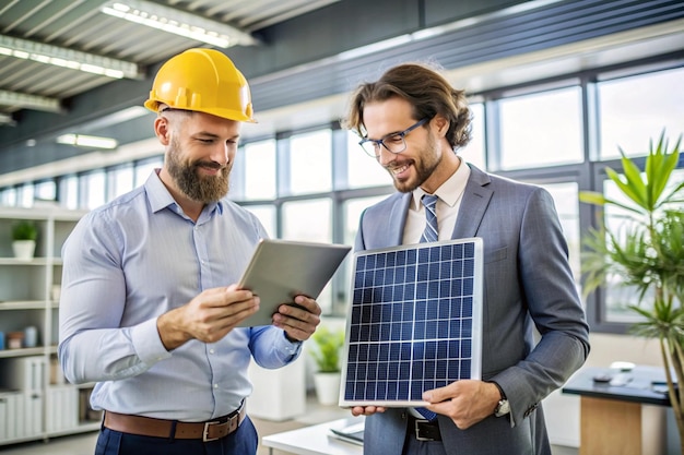 Photo engineer with solar panel explaining colleague over tablet at office