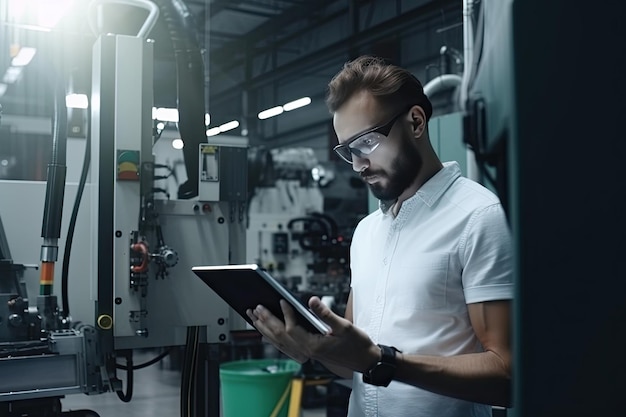 Engineer with tablet computer at factory workplace Industrial worker controls operation of robotic production line Created with Generative AI