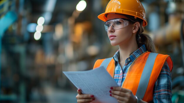 Engineer woman in safety equipment holding plans