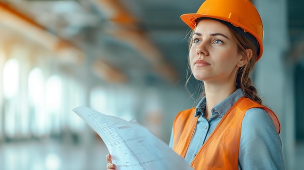 Engineer woman in safety equipment holding plans