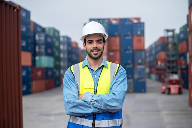 Engineer worker standing confident on site containers yard terminal background Worker employee standing confident container logistic background