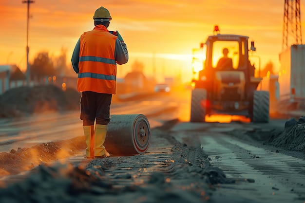 Engineer and worker working on road construction site