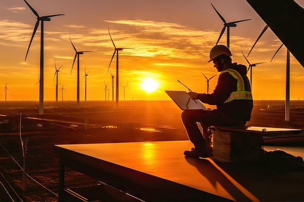 Engineer working alternative renewable wind energy station on sunset Generative AI