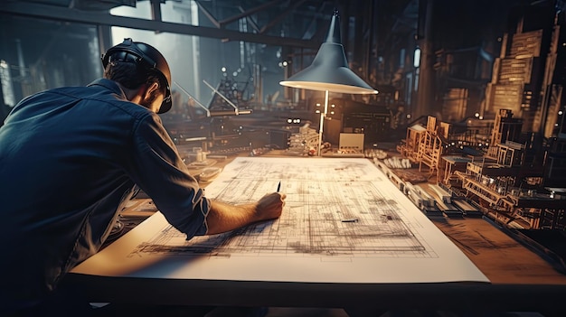 a engineer working on blueprint construction