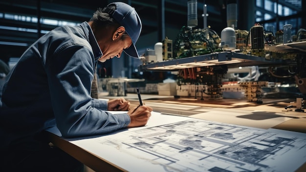 a engineer working on blueprint construction