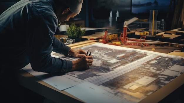 a engineer working on blueprint construction