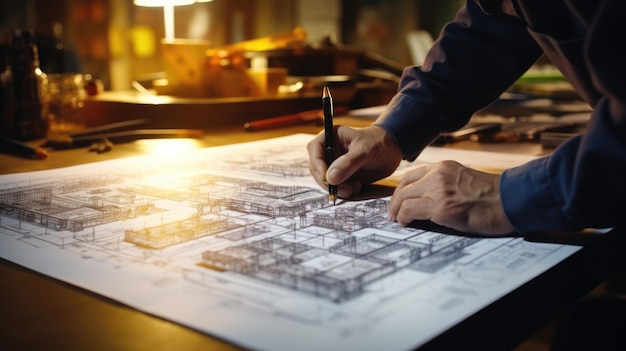 a engineer working on blueprint construction