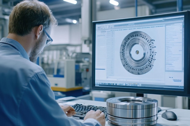 Engineer Working on CAD Design of a Metal Part in a Factory