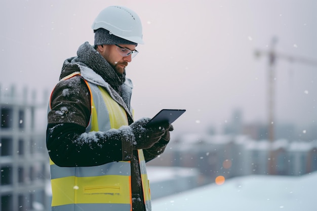 Engineer working on a construction site using a tablet computer in a snowy day