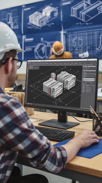 Photo engineer working on desktop computer screen showing cad software with 3d component