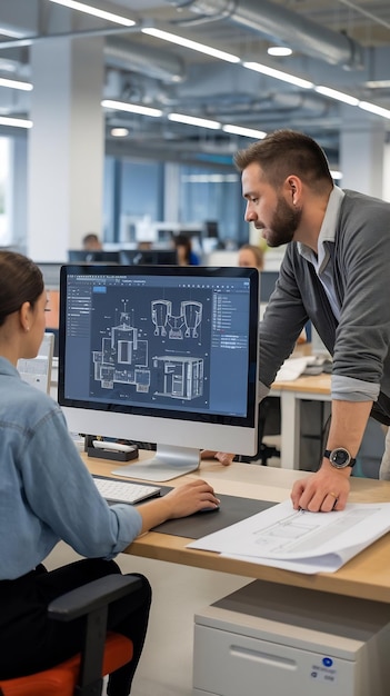 Engineer Working on Desktop Computer Screen Showing CAD Software with Technical Blueprints Her Ma