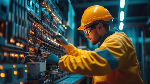 Engineer working on electrical panel in dimly lit control room during nighttime operations