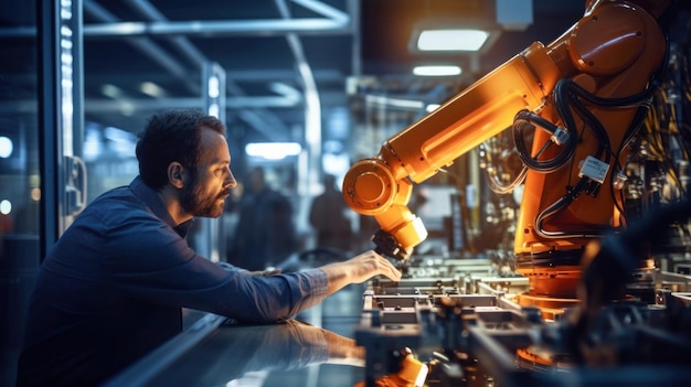 Engineer working on a hightech robotic arm in a stateoftheart manufacturing facility