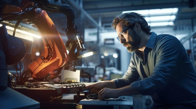 Engineer working on a hightech robotic arm in a stateoftheart manufacturing facility