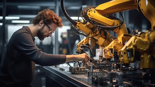 Engineer working on a hightech robotic arm in a stateoftheart manufacturing facility