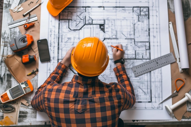 an engineer working on a housing project and drawing on paper a housing project drawing