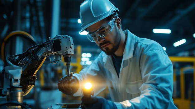 Photo engineer working meticulously with a robotic arm in a modern manufacturing facility during nighttime