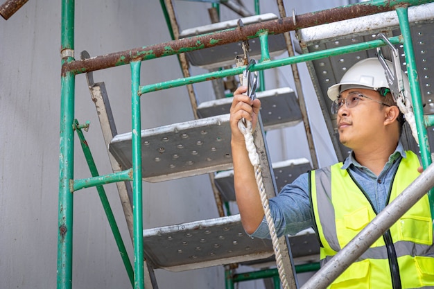 Engineer working on the tall buildings wear seat belts Safety harness. Fall arrestor device for worker with hooks for safety body harness.