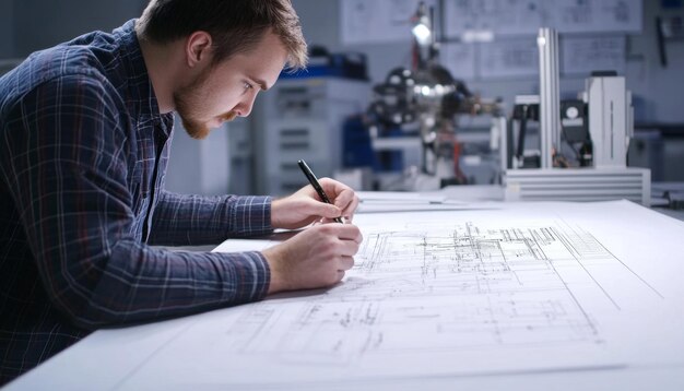 Photo engineer working on technical drawings and machinery