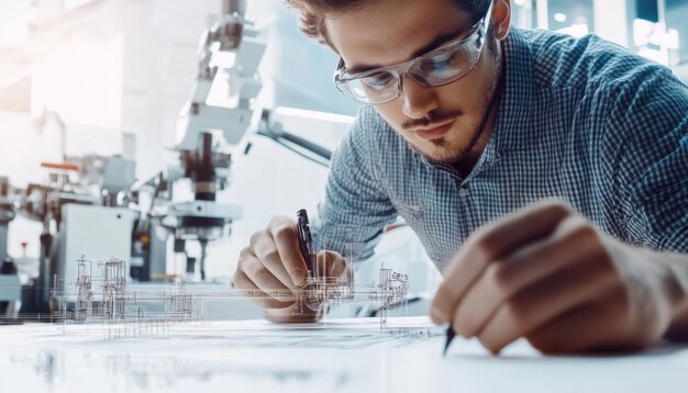 Photo engineer working on technical drawings and machinery