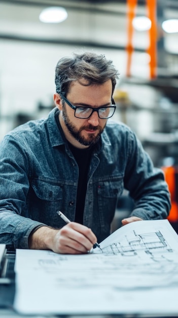 Photo engineer working on technical drawings and machinery