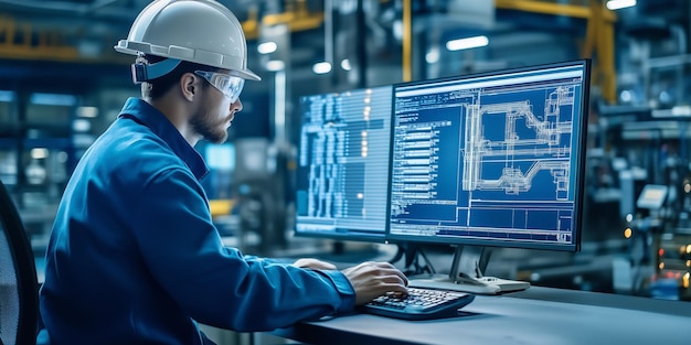 Photo engineer working with industrial data automation system on computer