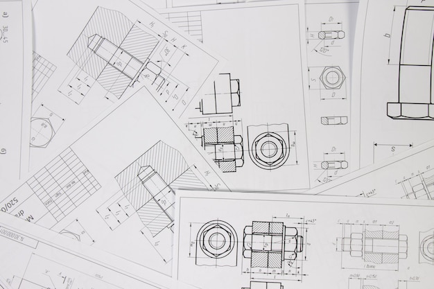 Engineering drawings of industrial parts and mechanism