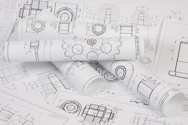 Photo engineering drawings of industrial parts and mechanism