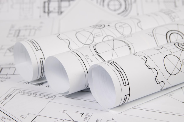 Photo engineering drawings of industrial parts and mechanism