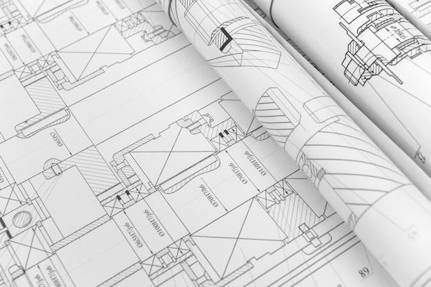 Engineering drawings on table. Engineering and Science