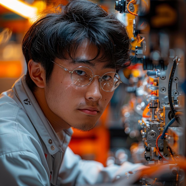 Engineering student from Japan conducting experiments in a robotics lab