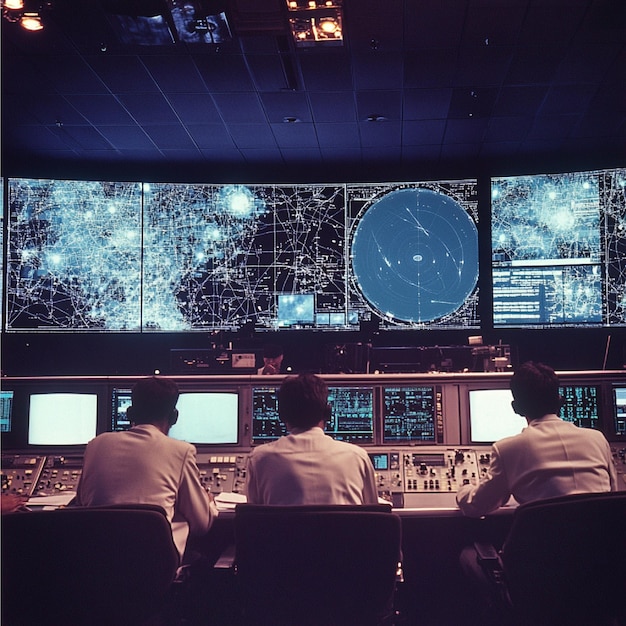 Photo engineers analyzing orbital paths and satellite trajectories in a mission control center