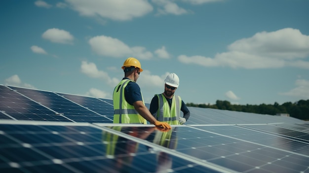 Engineers analyzing solar panels on sunny day with a blue sky and clouds in the background They are checking the efficiency of the panels and making sure they are working properly