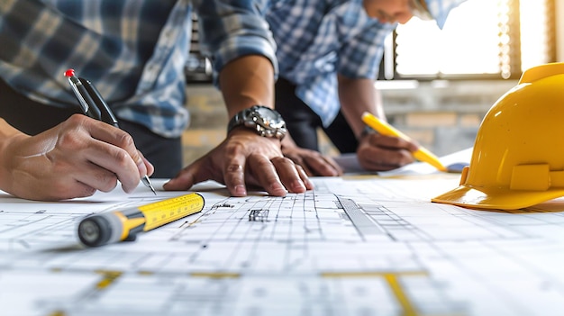 Engineers and architects working on construction design detailed blueprint review