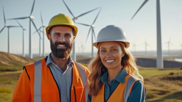 Engineers of both sexes working on a wind farm atop a rural peak or hill The generation of renewable Generative AI in the future should be progressive