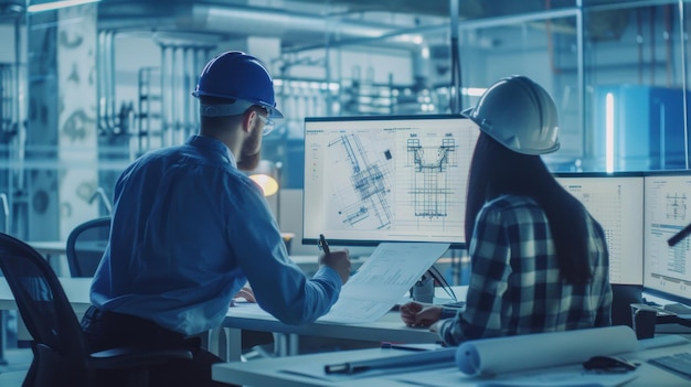 Photo engineers collaborating on a blueprint in a hightech office surrounded by computer