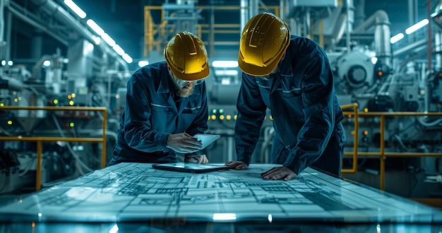 Engineers collaborating in an industrial factory with blueprints and digital tablet