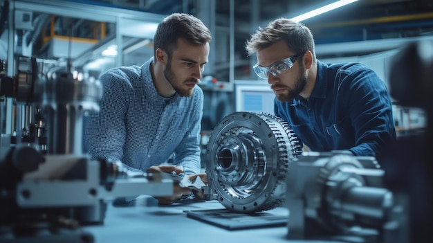 Photo engineers collaborating on industrial machine design