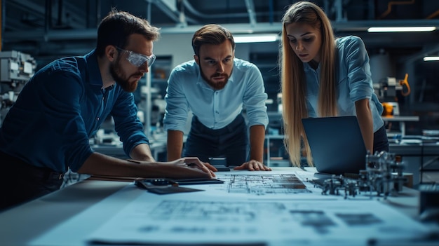 Photo engineers collaborating on project in modern industrial setting