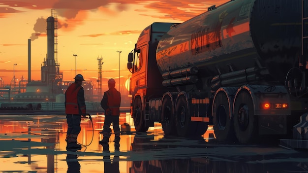 Engineers conducting a safety check on an oil tanker truck at a gas station