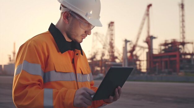 Photo engineers create products that transfer oil gas and fuel using digital tablet computers background in the oil sector generative ai