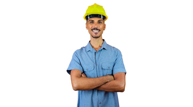 Engineers day Black Man in Safety Helmet and Blue Shirt isolated on orange