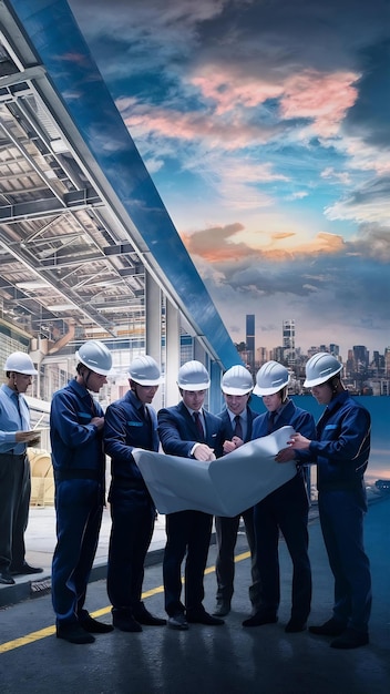 Engineers in helmets standing by the factory