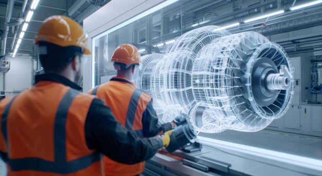 Photo engineers in highvisibility vests inspecting digital model of turbine in modern industrial facility