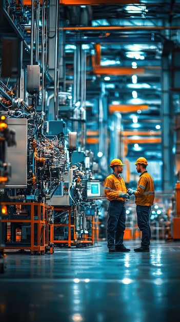 Photo engineers inspecting industrial machines in factory setting showcasing teamwork and precision in vibrant high tech environment