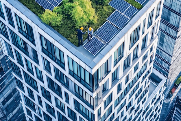 Photo engineers inspecting solar panels on green roof of modern office building