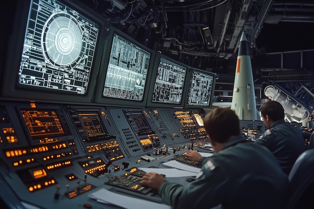 Photo engineers oversee missile launch systems in control room