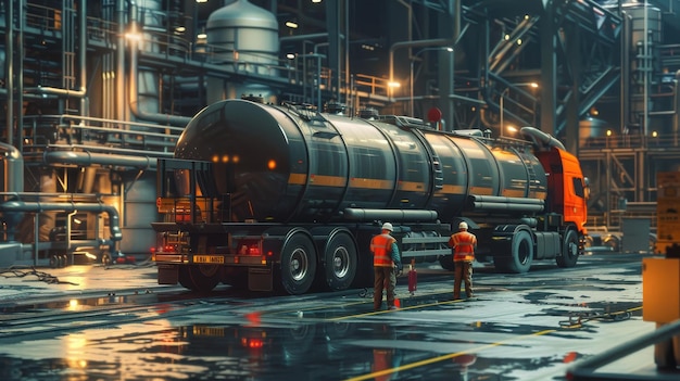 Engineers performing maintenance on an oil tanker truck in an industrial area