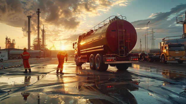 Engineers performing maintenance on an oil tanker truck in an industrial area