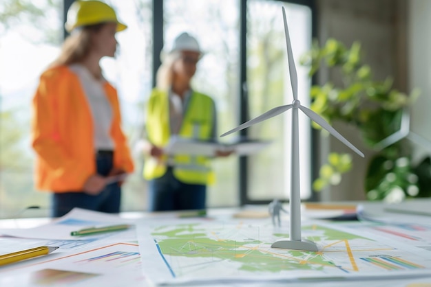 Engineers planning a wind farm expansion office with charts and maps clean energy business